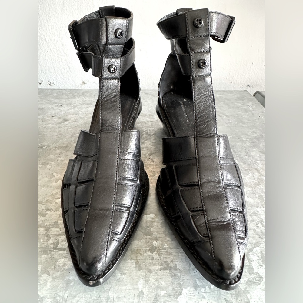 Alexander Wang Black Leather Ankle T Strap Caged Sandals. Sz. 37.
